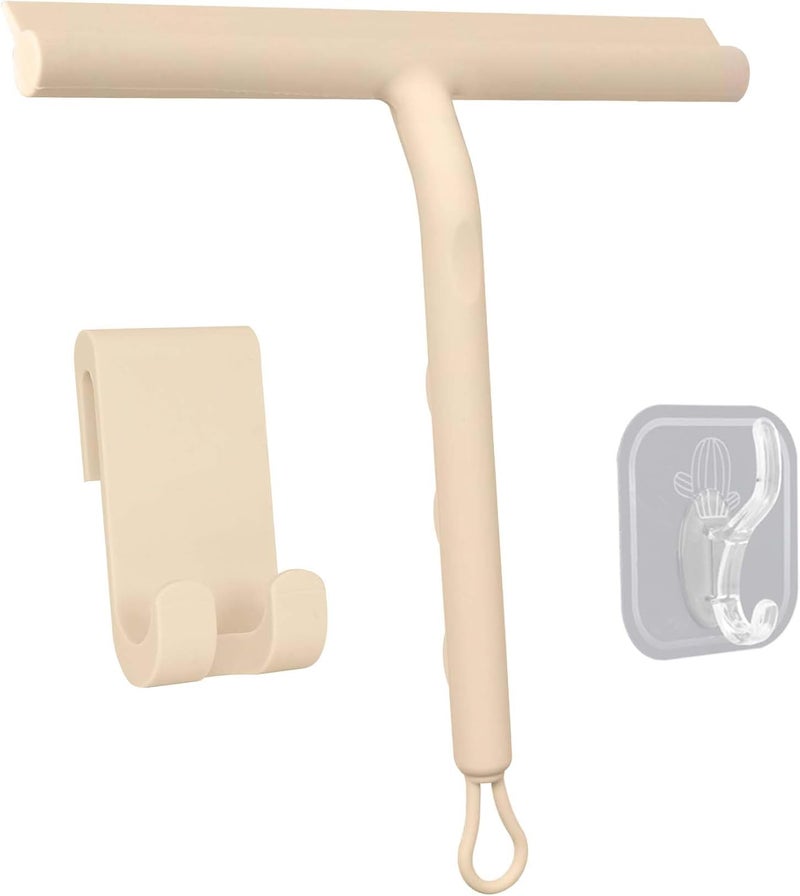 DEOFUXT Squeegee for Shower Glass Doors, Resilient Loop - No-Drill & Adhesive Hook, Silicone Shower Squeegee with Stainless Steel Core, Cleaning Tool for Home, Kitchen, Bathroom & Car - Beige - Image 1